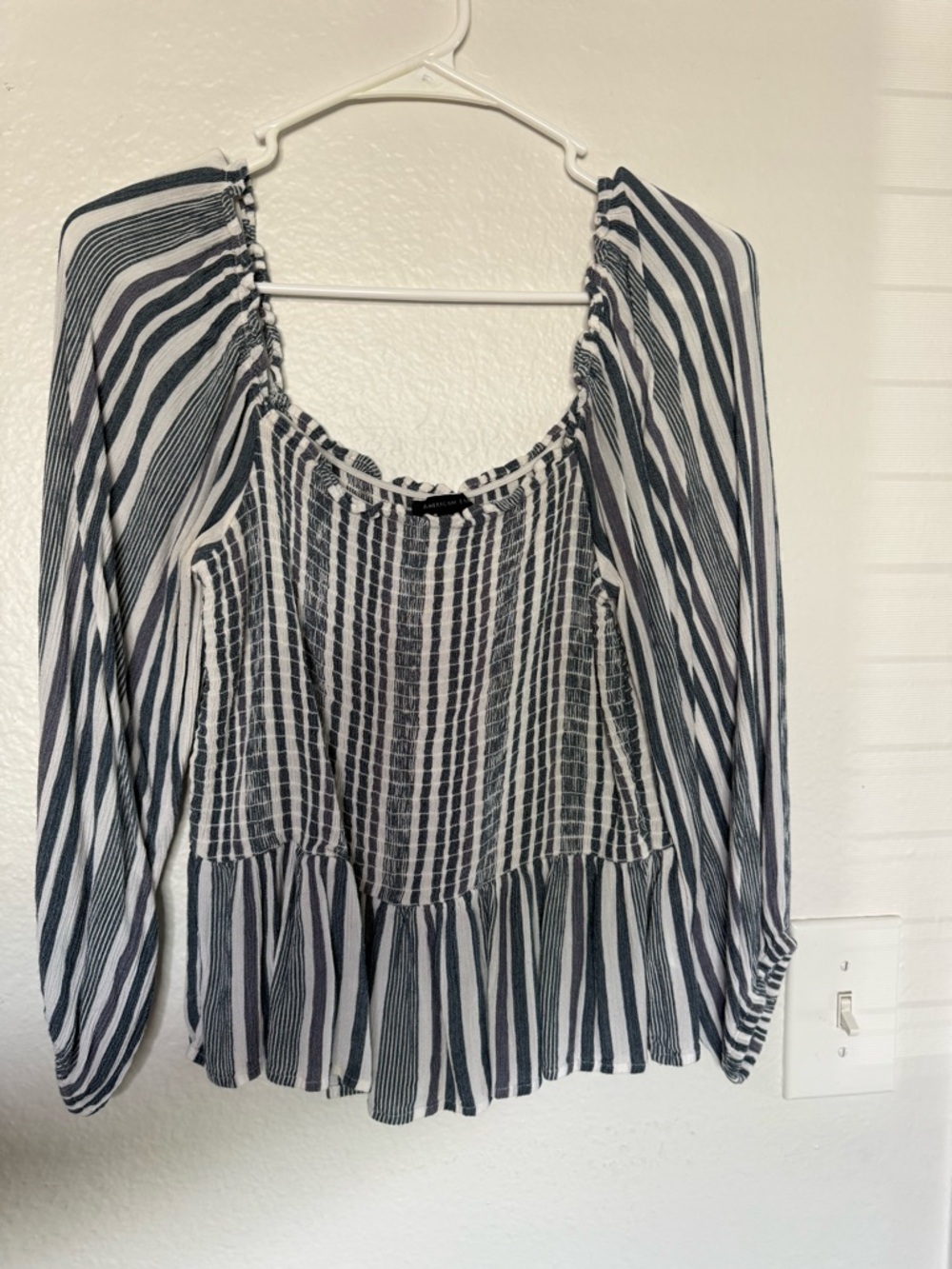 American Eagle Outfitters Black & White Striped Peasant Blouse